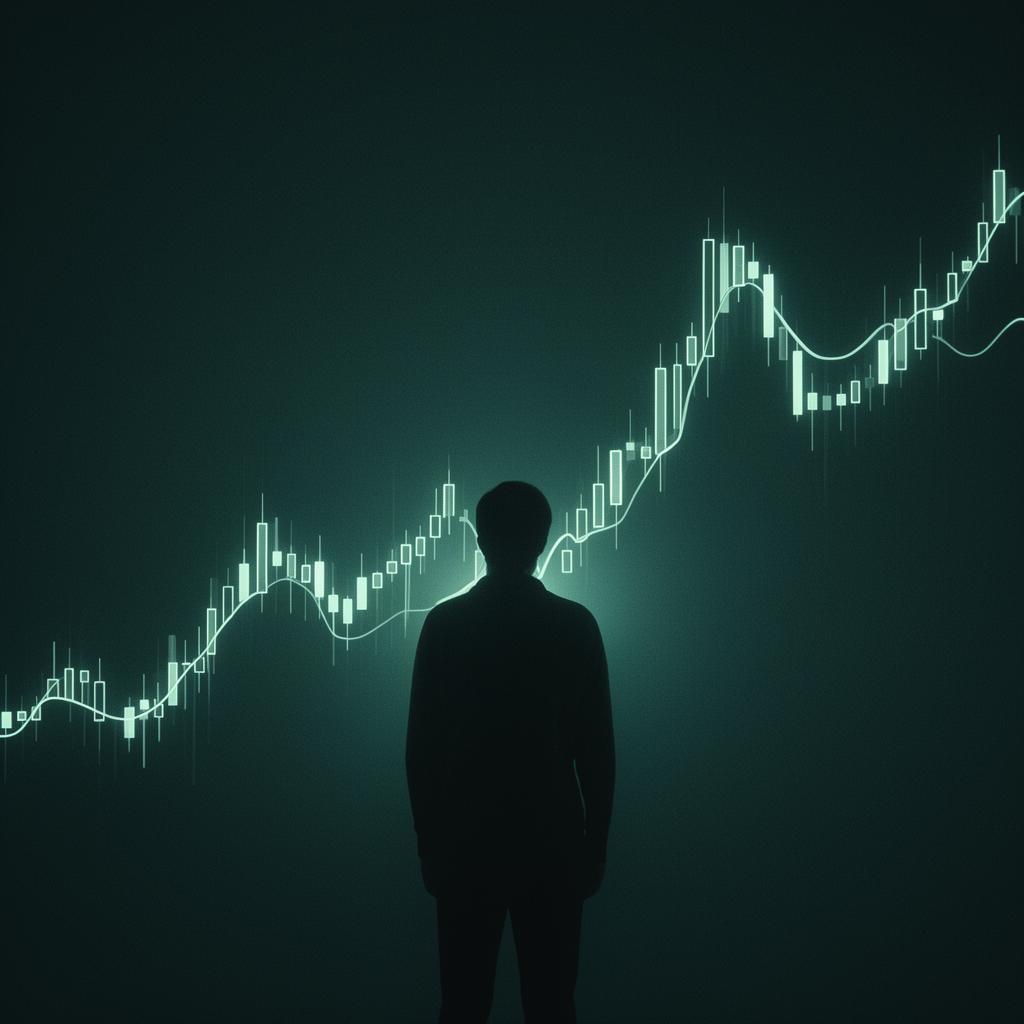A glowing silhouette standing before a luminous candlestick chart