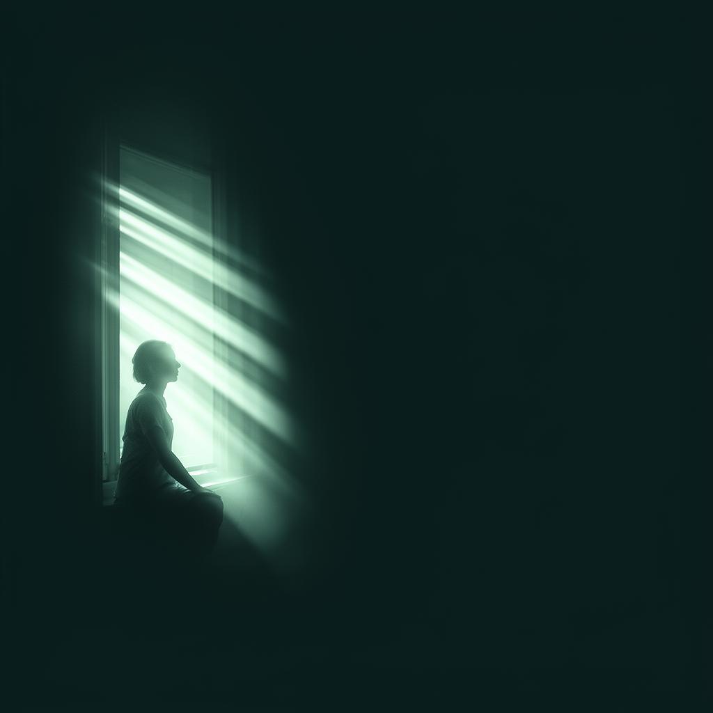 A glowing silhouette sitting by a window as morning light streams in