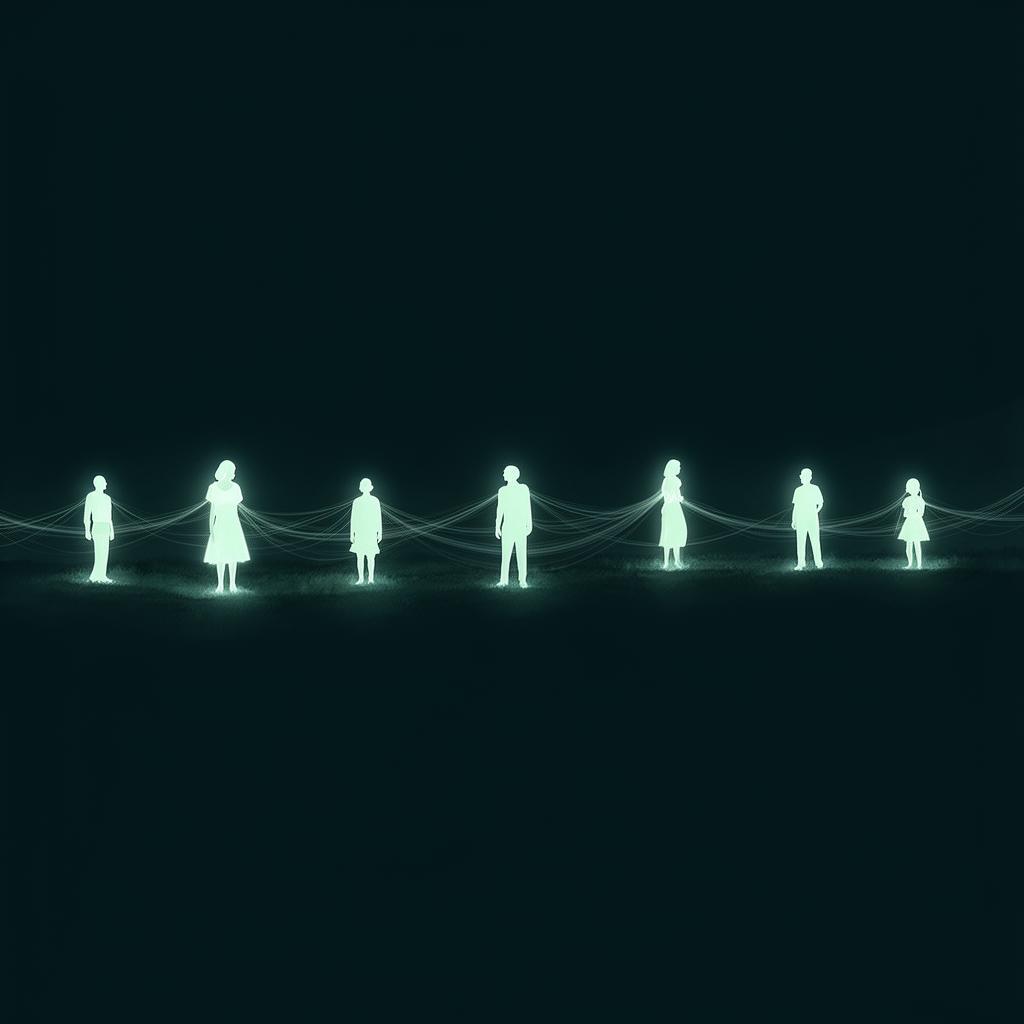 Several glowing silhouettes connected by threads of light across the dark