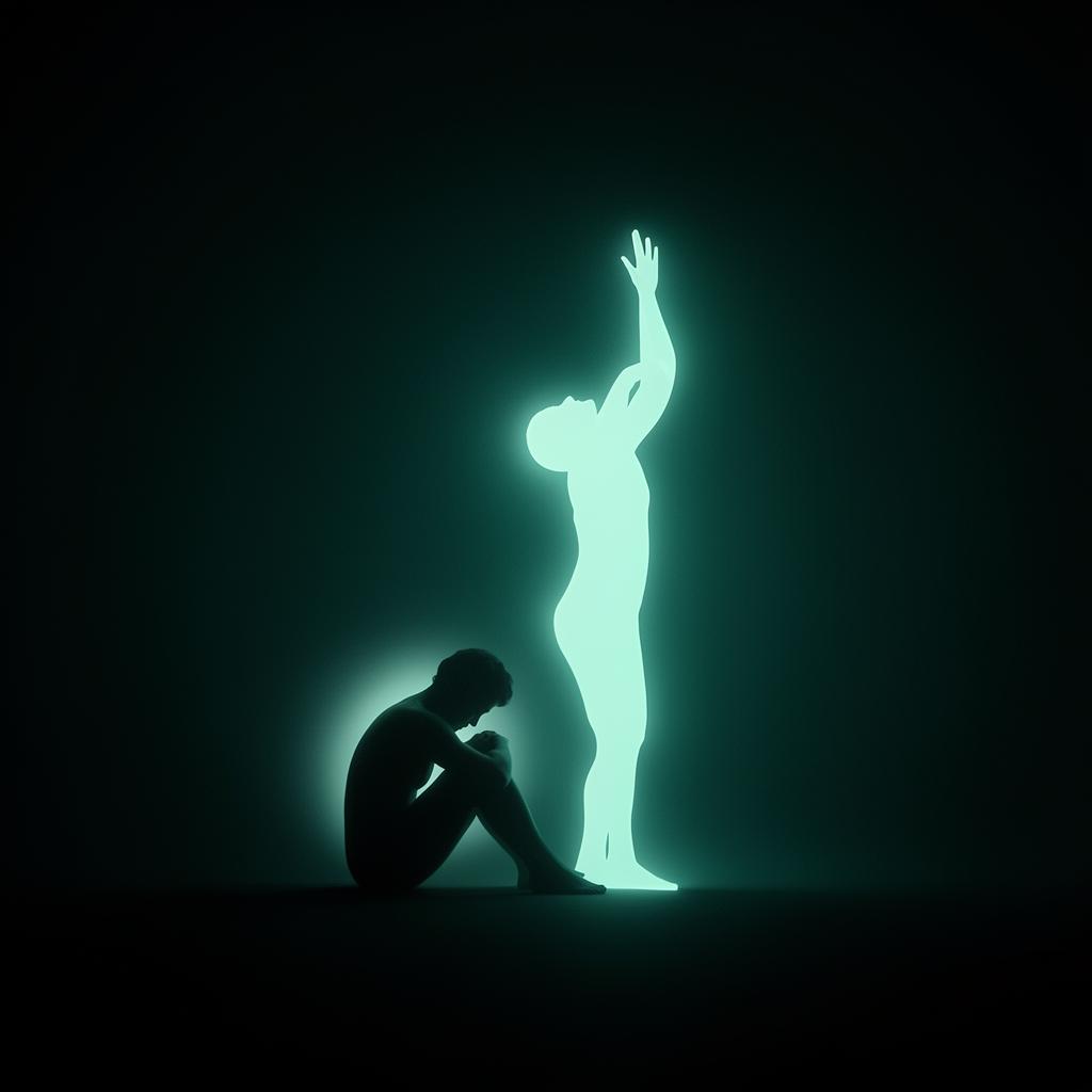 A figure rising from a curled, seated silhouette toward the light